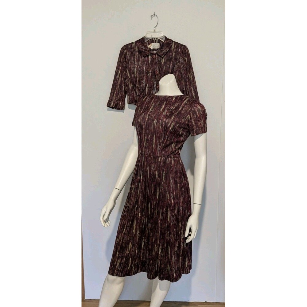 Patty Petite Vintage 50s Dress Set Jacket Fit Flare S B36 Red Flame Pleated